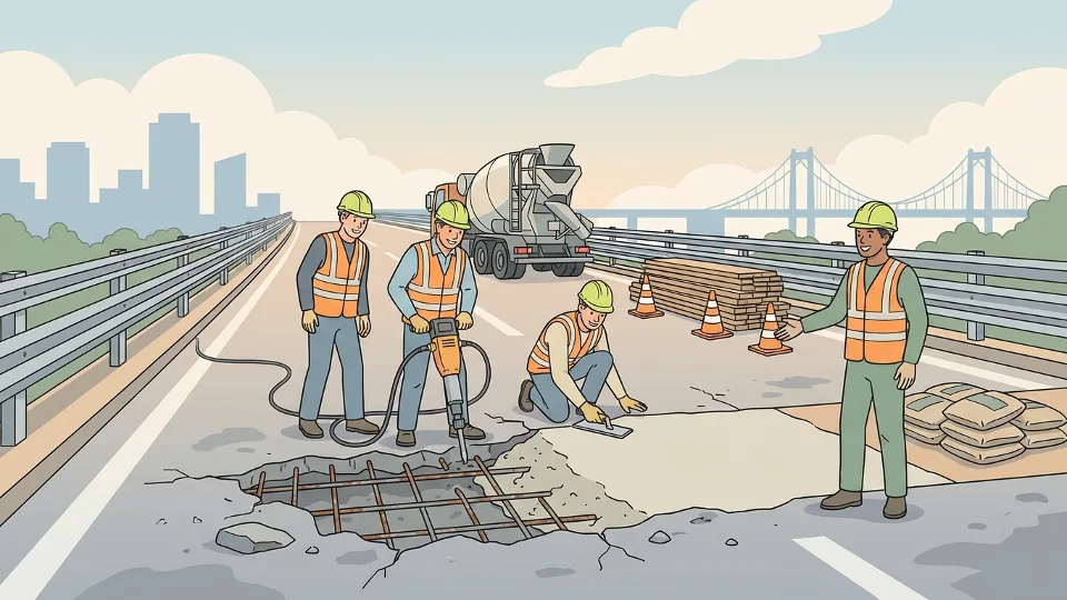 Close-up view of bridge deck repair work on highway, construction equipment and workers in safety vests, concrete repair materials visible