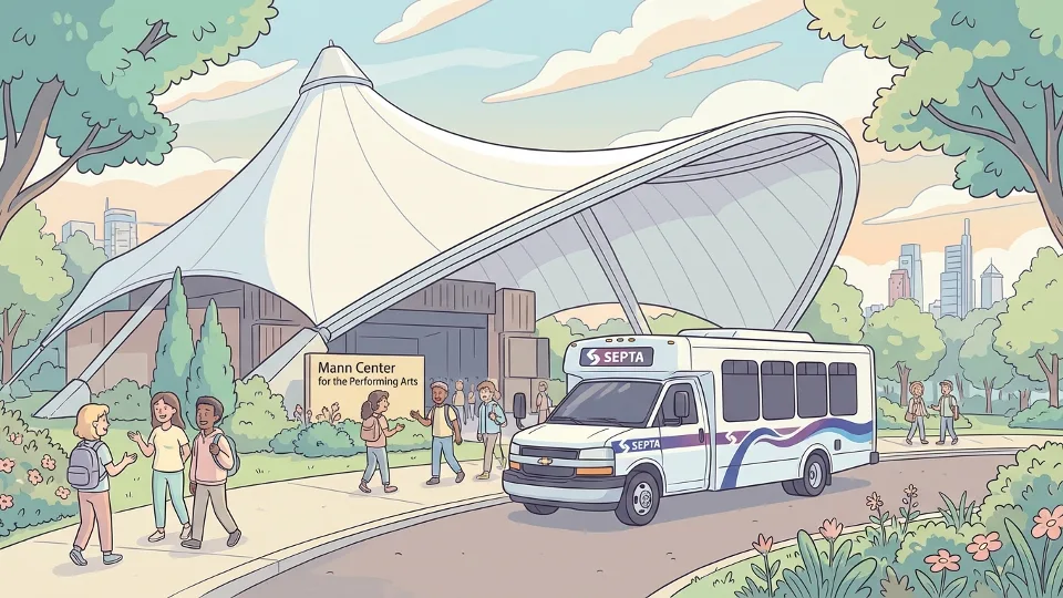 The Mann Center for the Performing Arts exterior with SEPTA shuttle bus visible in foreground