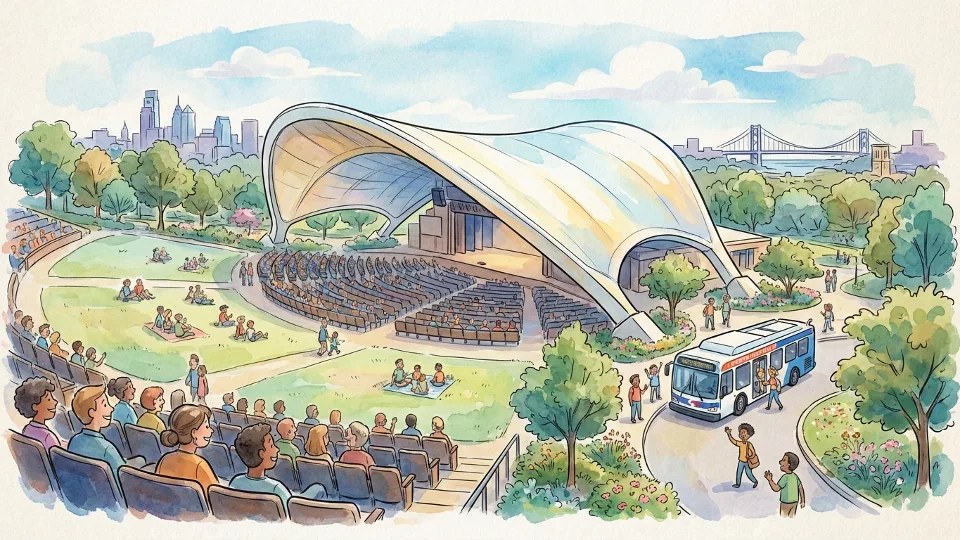 The Mann Center for the Performing Arts outdoor amphitheater in Philadelphia's Fairmount Park with stage and seating visible. Alt text: Mann Center venue in Fairmount Park where SEPTA provides concert shuttle service. Composition: Wide shot showing amphitheater structure, surrounding park setting, seating areas to convey venue scale.