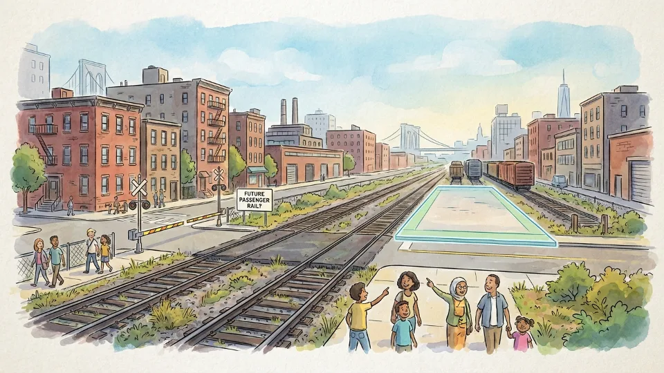Freight rail tracks running through urban neighborhood with potential for passenger rail conversion