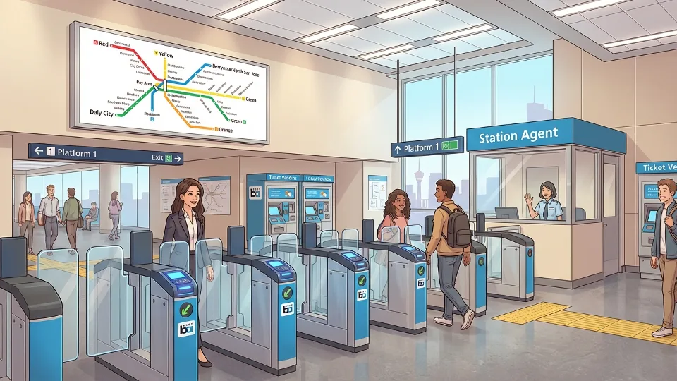 BART station entrance and fare gates with system map visible