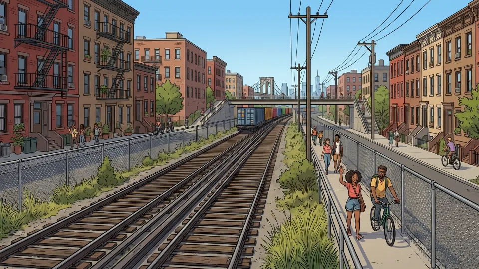 Freight rail corridor with tracks running through Brooklyn Queens residential neighborhoods