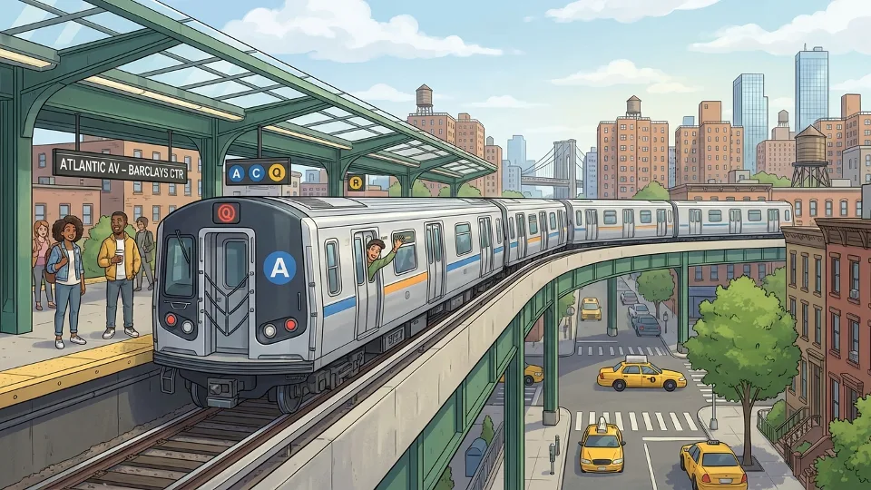 New York City subway train at elevated station platform with Brooklyn and Queens neighborhoods visible in background