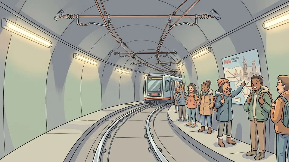 Muni Metro track infrastructure and overhead power lines in San Francisco tunnel