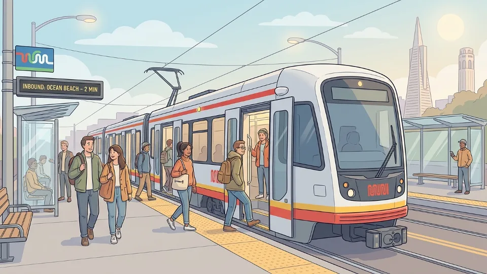 Modern Muni Metro light rail train at San Francisco station platform with passengers boarding