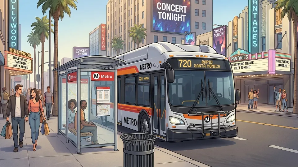Metro bus at street stop near entertainment venue with event signage visible in background. Alt text: LA Metro bus stop weekend entertainment district Los Angeles. Composition: Street-level view showing bus, shelter, and urban entertainment area context.