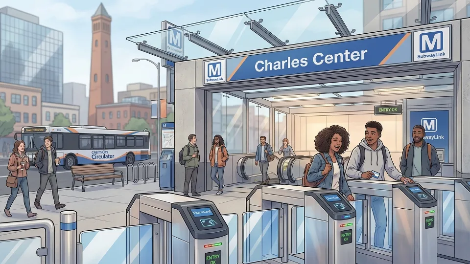 Metro SubwayLink fare gates and station entrance at downtown Baltimore stop
