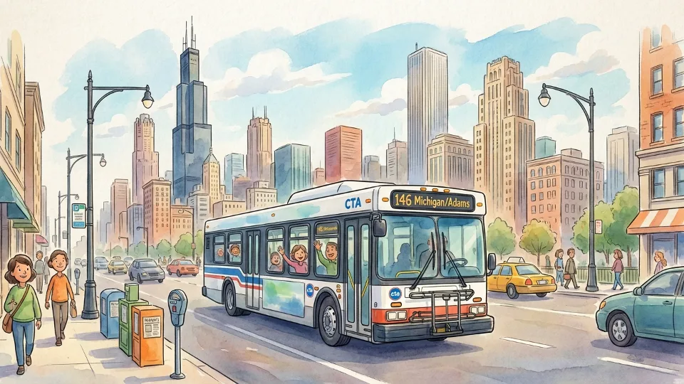 CTA bus on Chicago street with downtown buildings in background