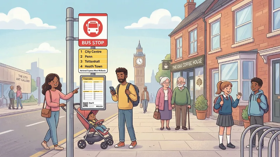 Bus stop sign with service information in Wolverhampton