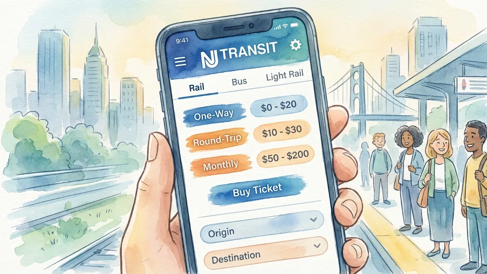 Close-up of smartphone displaying NJ TRANSIT mobile ticketing interface with fare options