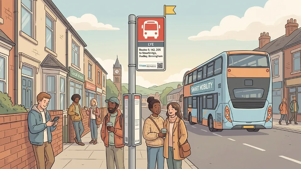 Bus stop sign in Lye area with service information display