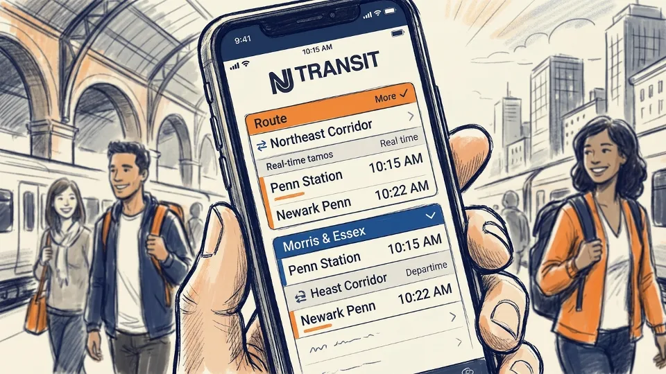 Close-up of smartphone screen displaying transit app interface with route information. Alt text: Mobile phone showing NJ TRANSIT app with schedule and route details. Composition: Tight shot of phone screen held by commuter's hand, showing app interface clearly.