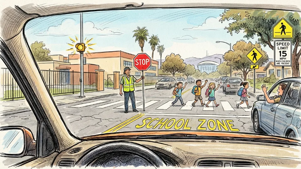 Driver's view approaching school zone with children crossing street and crossing guard holding stop sign