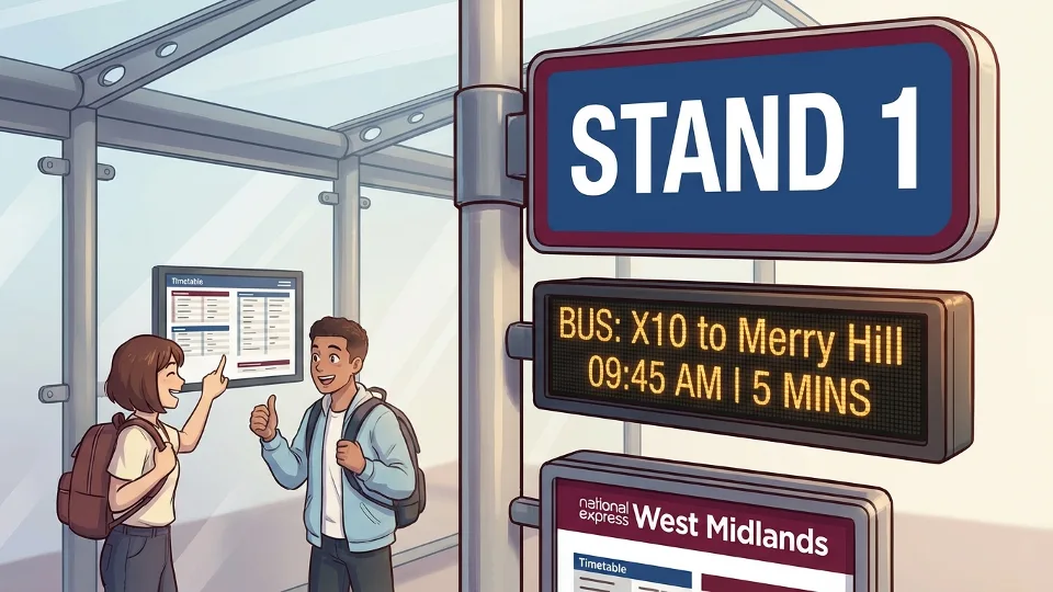 {"description": "Close-up of bus stand signage and route information displays at Dudley Interchange showing stand numbers", "alt_text": "Dudley Interchange bus stand signs route information National Express West Midlands", "composition": "Detail shot focusing on stand number signs and digital or printed route information boards that passengers use to find correct boarding locations"}