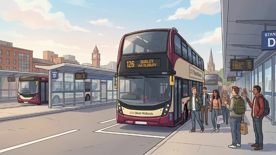 {"description": "National Express West Midlands bus at Dudley Interchange with passengers waiting at bus stands", "alt_text": "National Express West Midlands bus Dudley Interchange stand changes passengers boarding", "composition": "Wide shot showing the interchange facility with multiple bus stands, clear signage visible, and passengers waiting to board buses"}