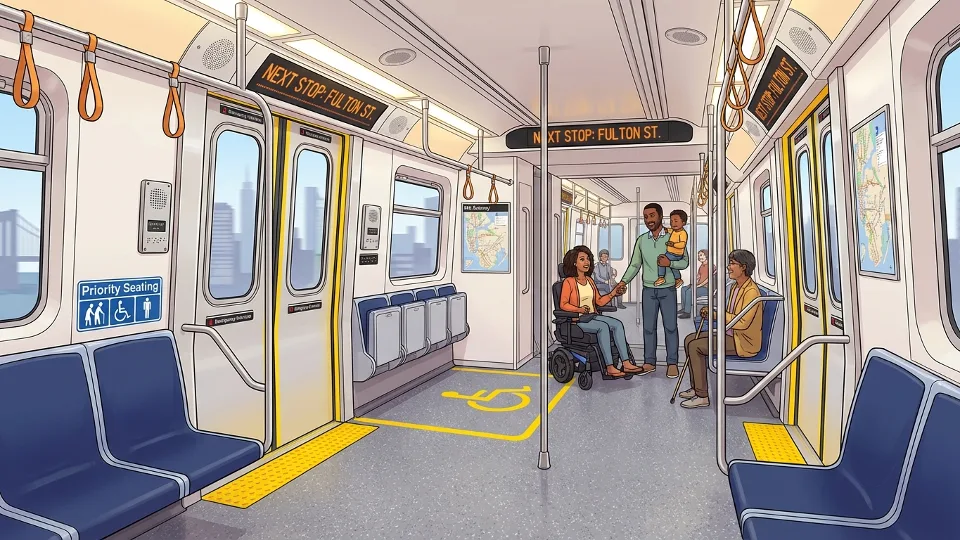 Accessible subway car interior with priority seating and wheelchair space, demonstrating MTA accessibility features for passengers with disabilities