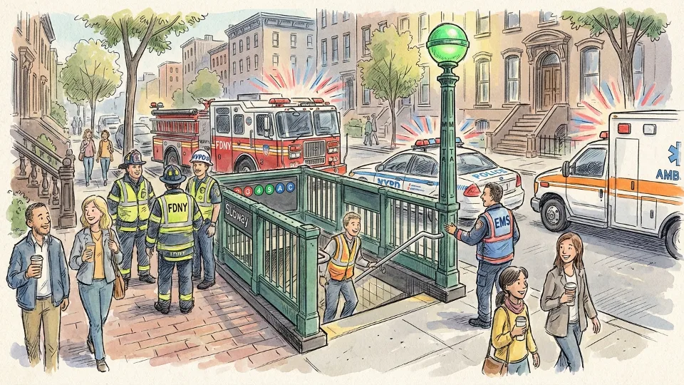Subway station entrance in Brooklyn Heights with emergency response activity