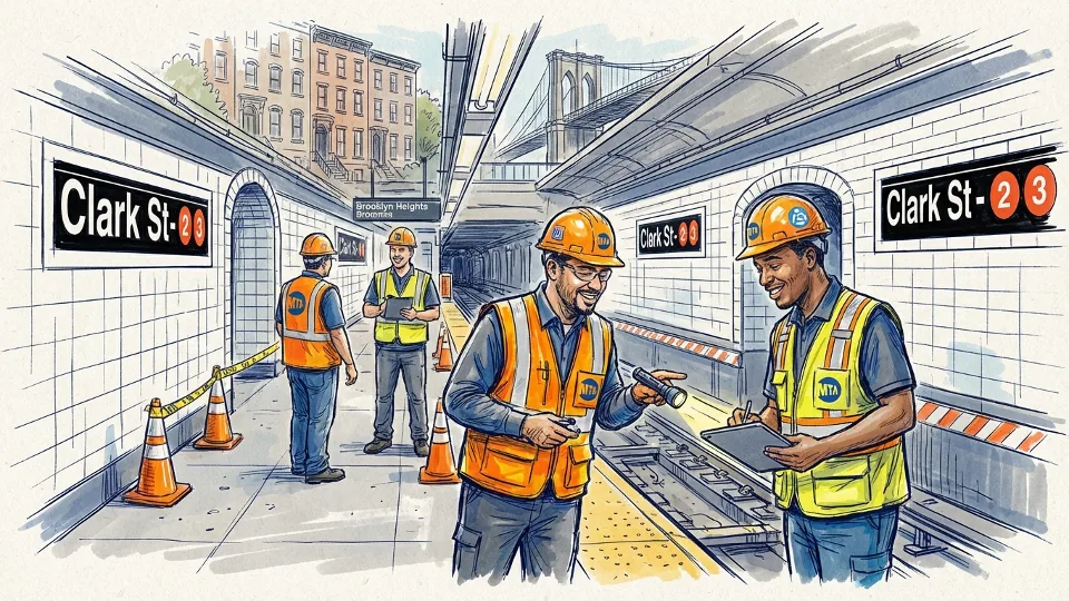 MTA subway crews conducting safety inspection inside Clark Street Station