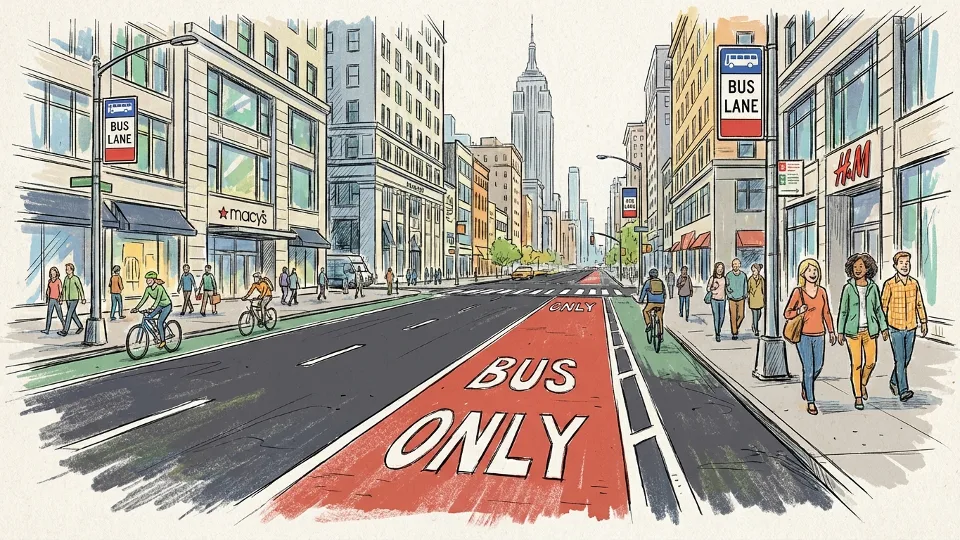 Empty dedicated bus lane with clear road markings and signage on urban street. Alt text: Car-free busway dedicated bus lane New York City street. Composition: Street-level view showing bus-only lane markings and enforcement signage that will be implemented on 34th Street.