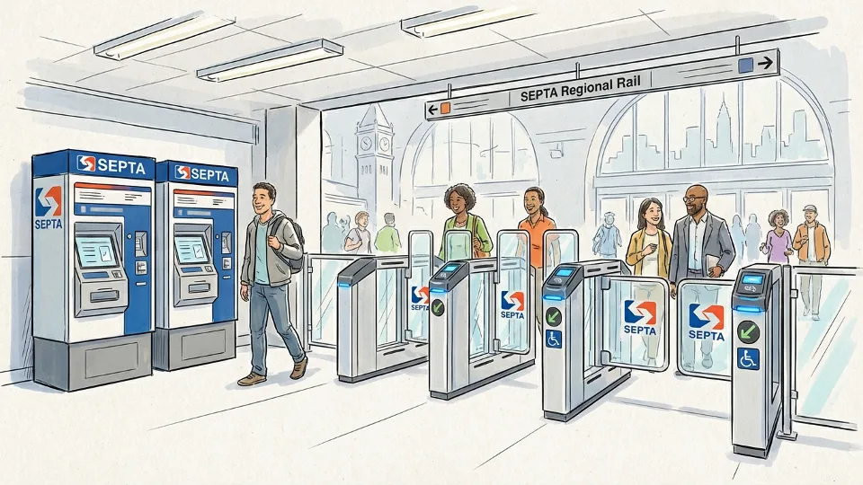 SEPTA fare gate and ticket vending machine at Regional Rail station entrance