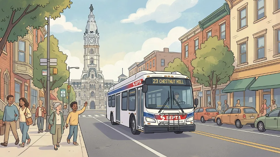 SEPTA bus on Philadelphia city street during daytime with City Hall visible in background