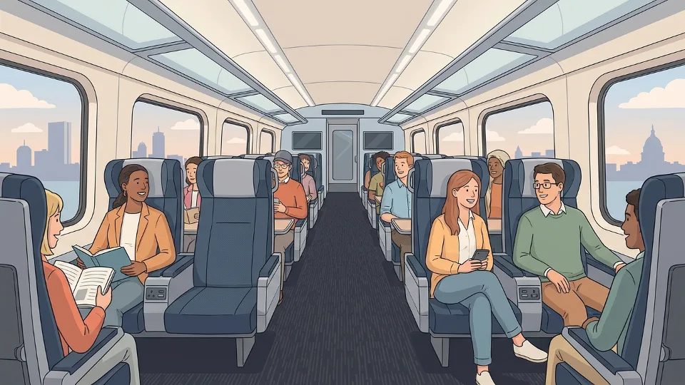 Interior of new Acela train showing spacious seating with personal outlets and USB ports