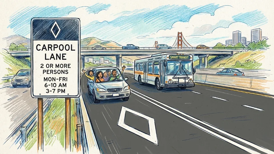High Occupancy Vehicle carpool lane sign on California highway