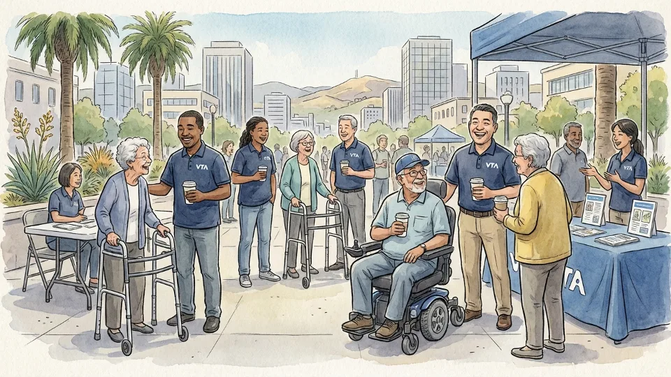 Group of paratransit riders and VTA staff members having conversation at outdoor community gathering with coffee