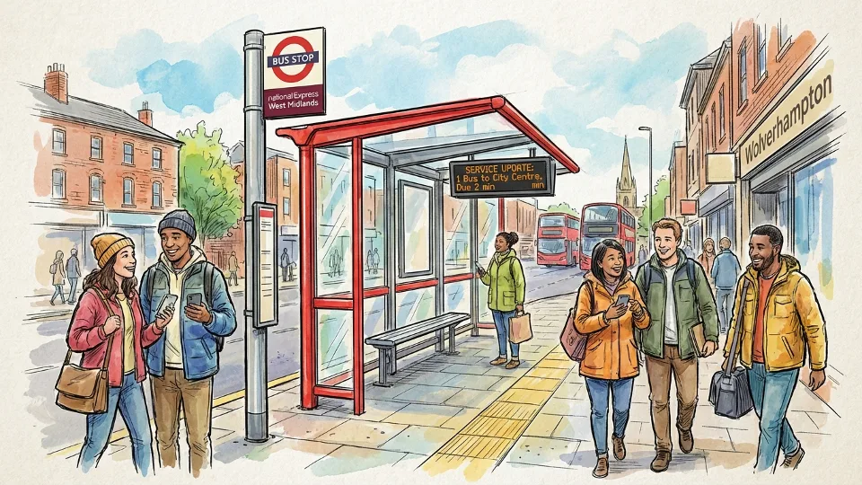 Bus stop sign and shelter in Wolverhampton with National Express West Midlands route information display showing service update notification