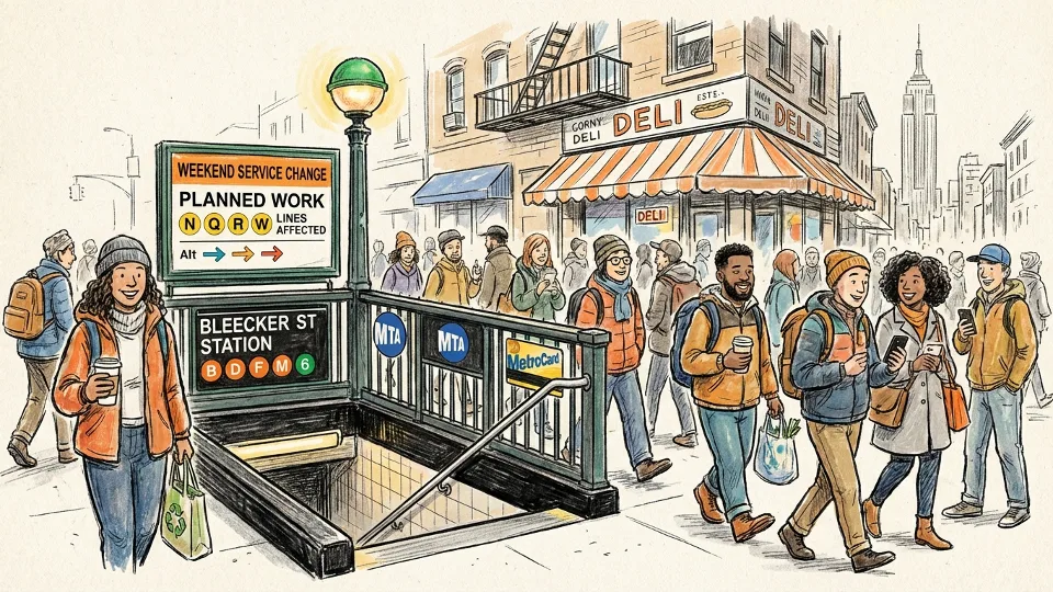 New York City subway station entrance with weekend service change notice posted