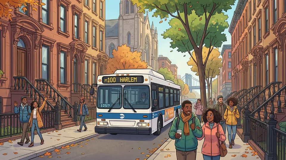 Historic Harlem street with MTA bus passing brownstone buildings