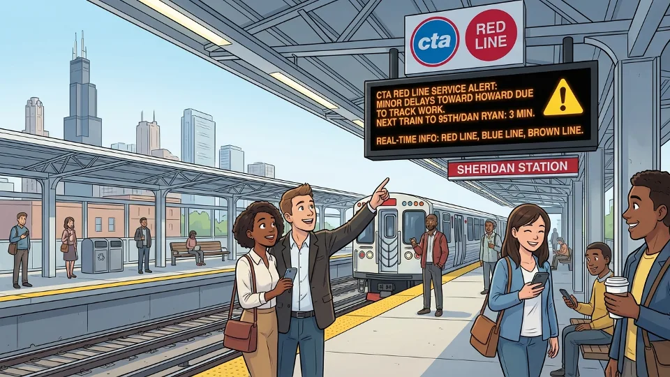 CTA platform signage and information board showing service alert at Red Line station