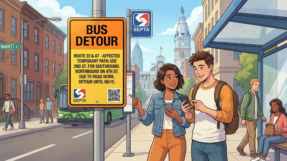 Bus detour sign posted at Philadelphia transit stop with route information displayed