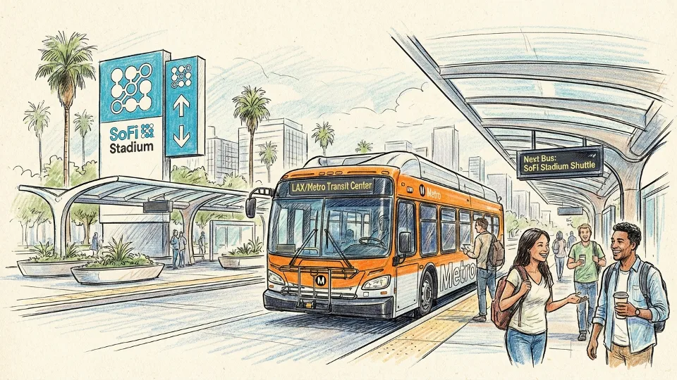 Metro shuttle bus at LAX/Metro Transit Center with SoFi Stadium signage visible