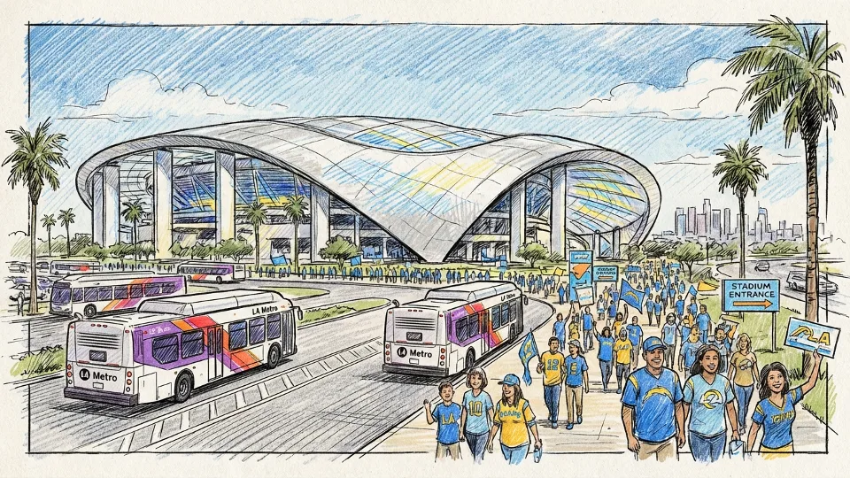 SoFi Stadium exterior with Metro buses in foreground during game day