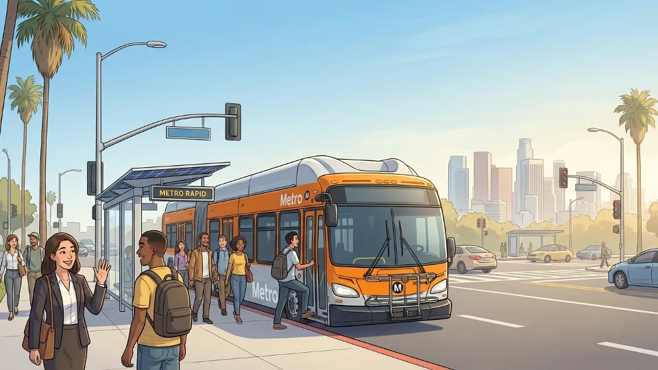 Metro bus at street stop with downtown Los Angeles skyline in background