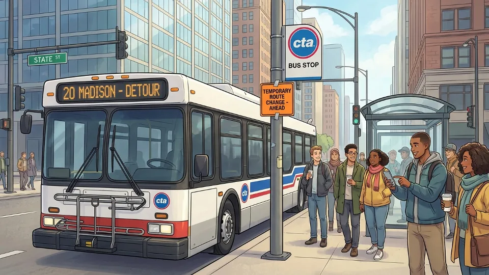 CTA bus at downtown Chicago stop with passengers waiting to board during temporary service change
