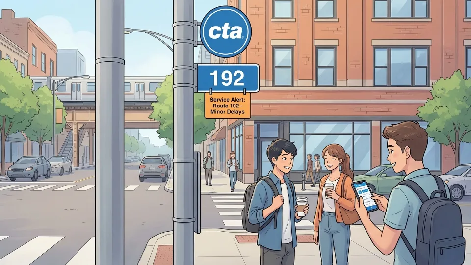CTA bus stop sign showing route 192 with service alert notification