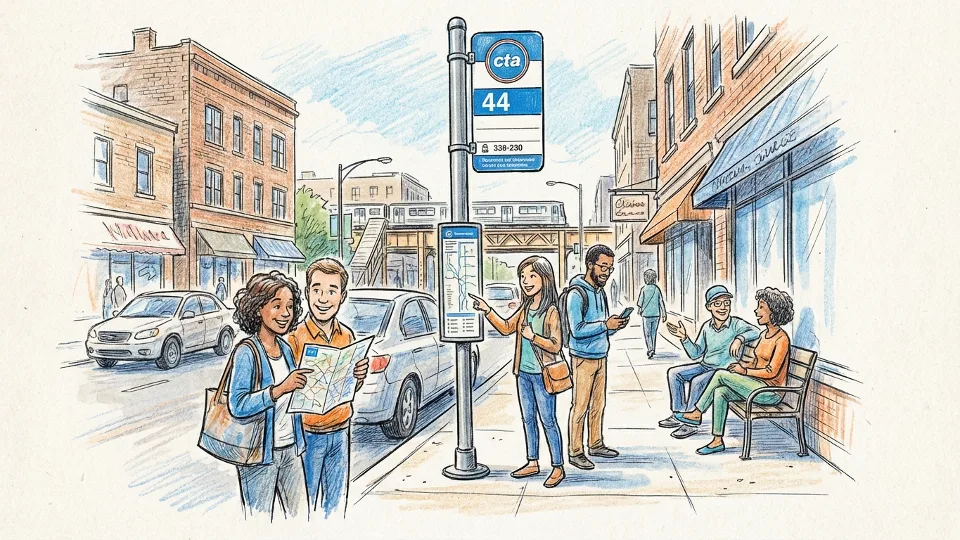 CTA bus stop sign showing route number with passengers waiting