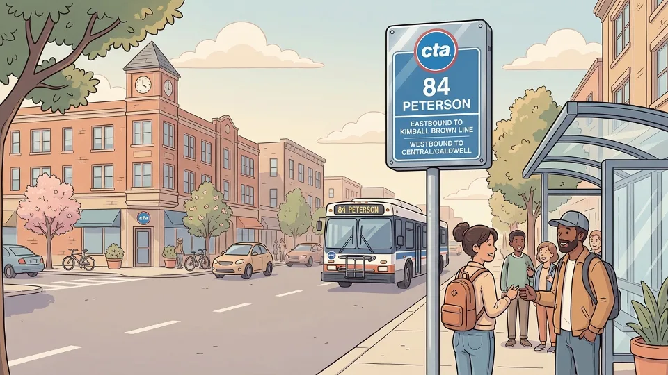 CTA bus route sign showing route 84 Peterson service information