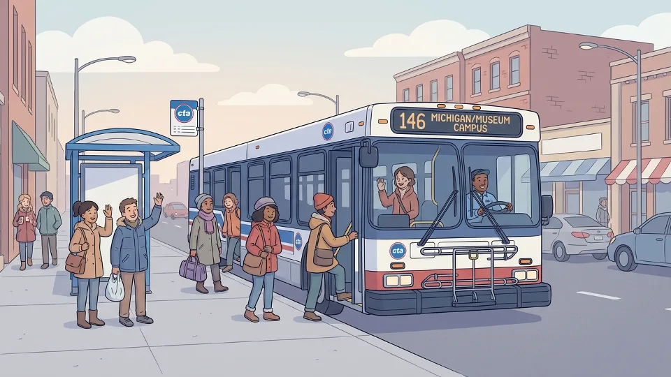 CTA bus at stop on Chicago street with passengers boarding