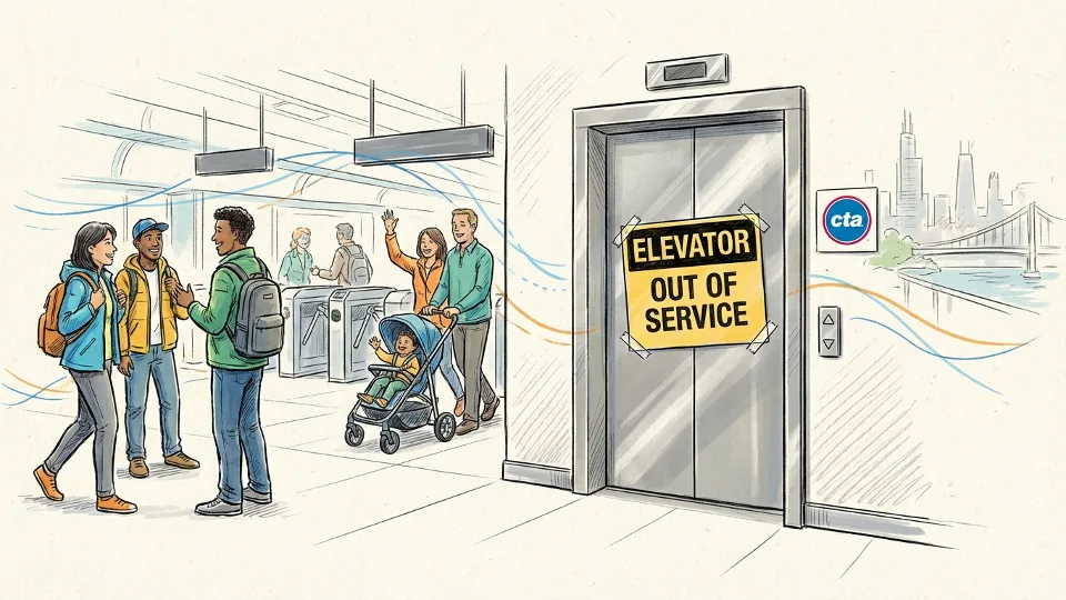 Elevator entrance at Chicago Transit Authority rail station with out of service signage