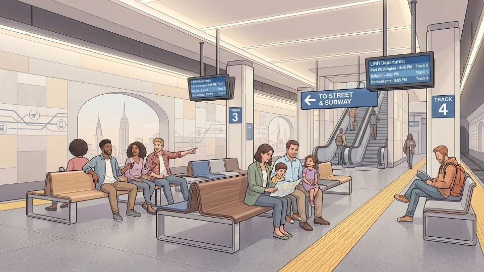 Transit station platform seating area, LIRR Grand Central Madison track level with benches and wayfinding signage