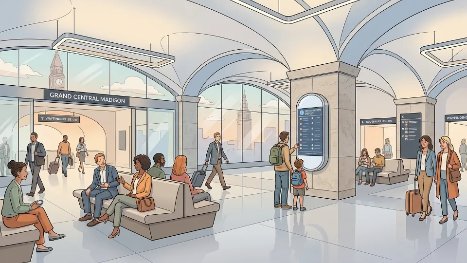 Modern transit station interior with seating areas and commuters, Grand Central Madison concourse level with benches and waiting passengers