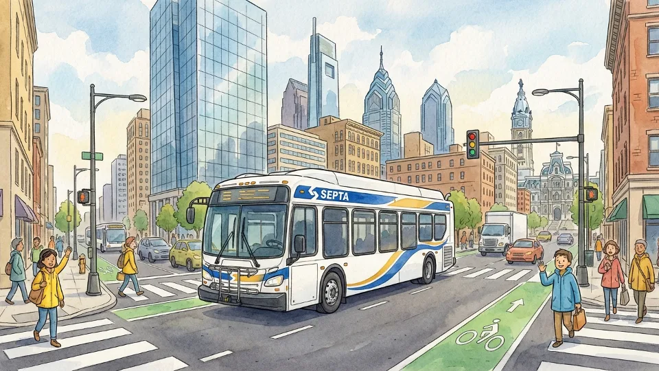 SEPTA bus on Philadelphia city street with downtown buildings in background
