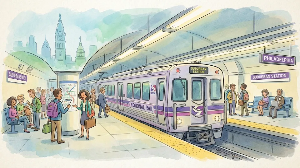 SEPTA regional rail train at suburban station platform with commuters waiting