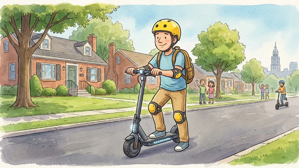 Electric scooter rider on suburban street with safety equipment visible