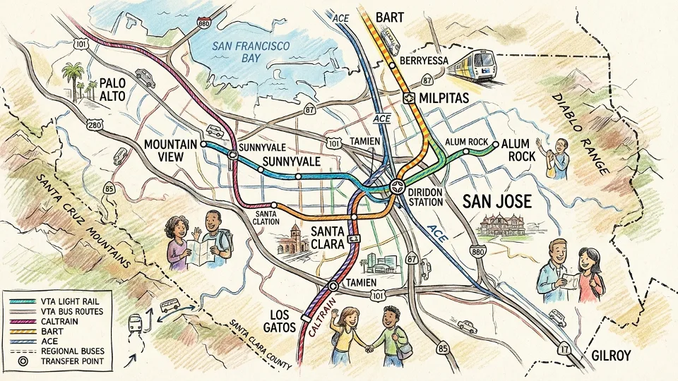 Bay Area transit map showing VTA service area in Santa Clara County with connection points to regional transit systems