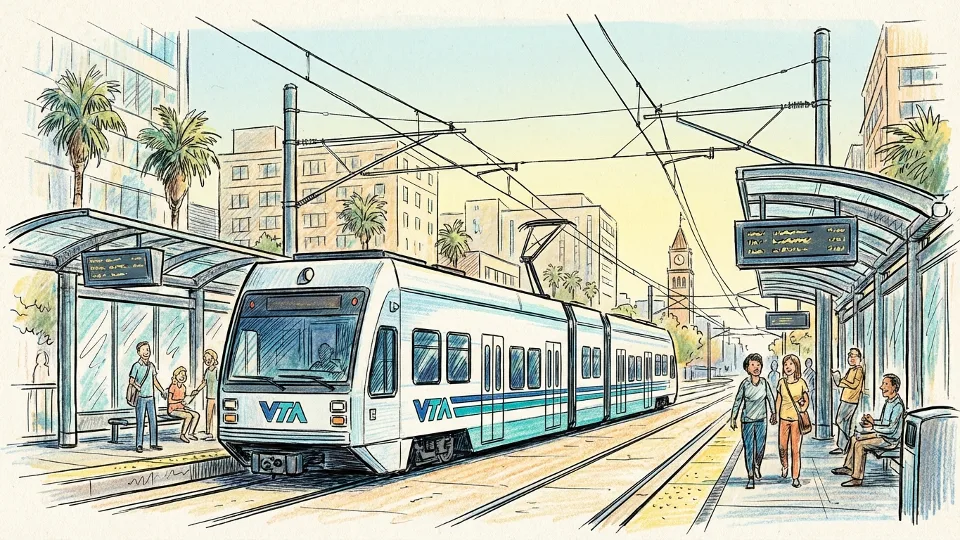 VTA light rail train at downtown San Jose station with modern platform and overhead power lines visible