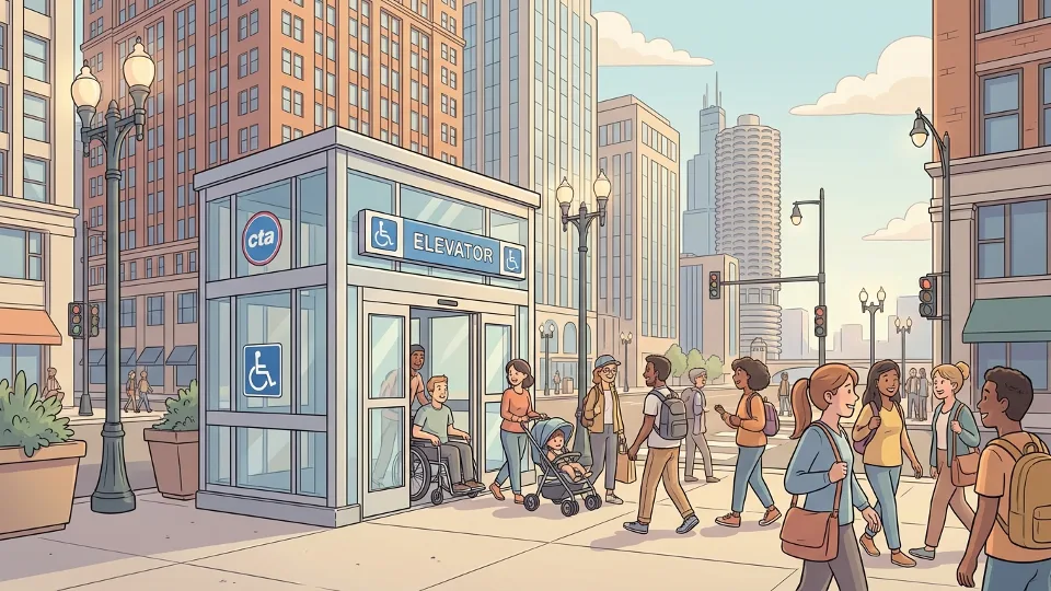 CTA elevator entrance at street level with accessibility signage and Chicago Loop buildings in background